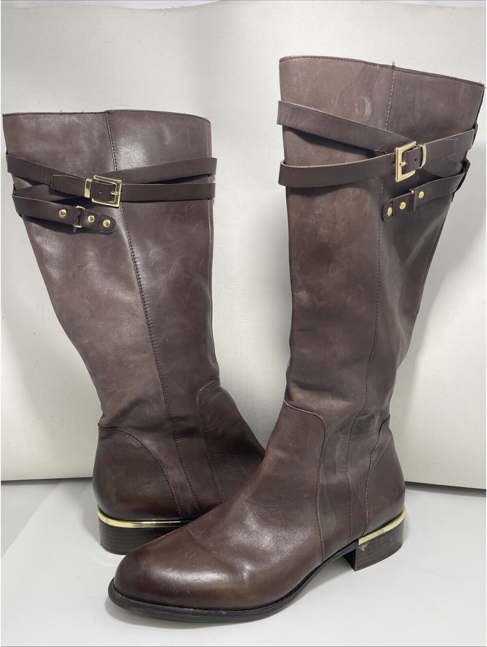 Franco Sarto Celeste Brown Leather Knee High Riding Boots Gold Accent Size 11M